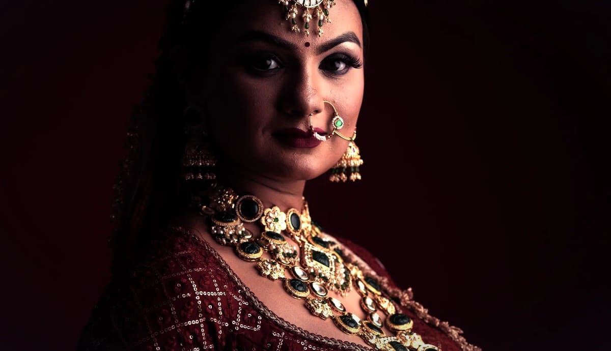 A bride at her final trial in the Sri Sakhi atelier
