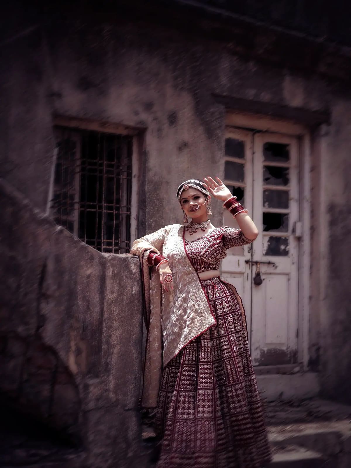 Ivory & Antique Gold Bridal Lehenga — front view
